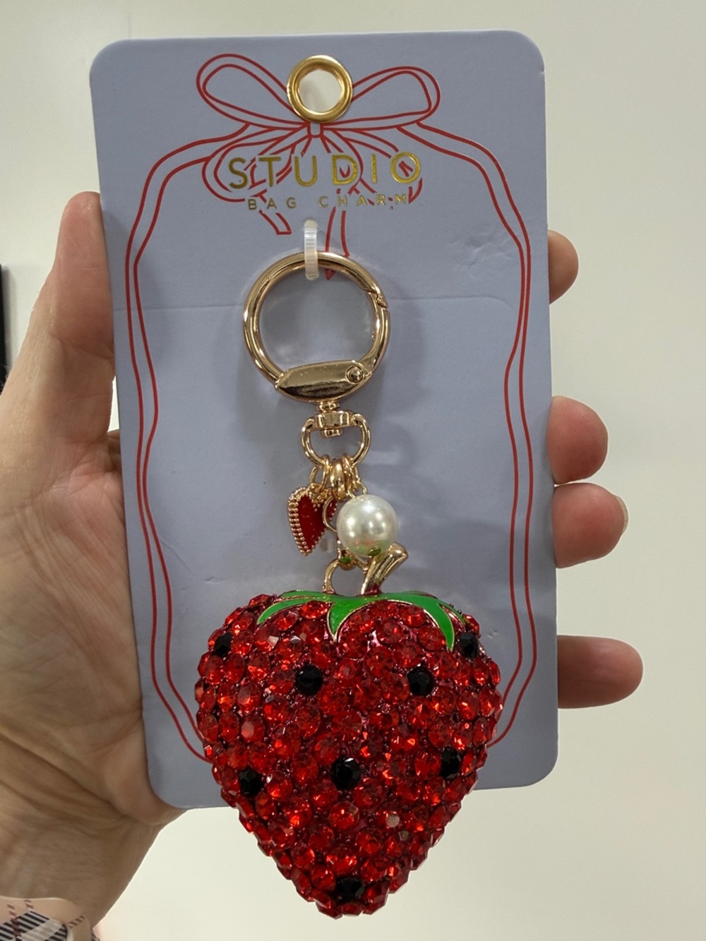 Studio Works Red Crystal Strawberry Keychain with Gold Hardware